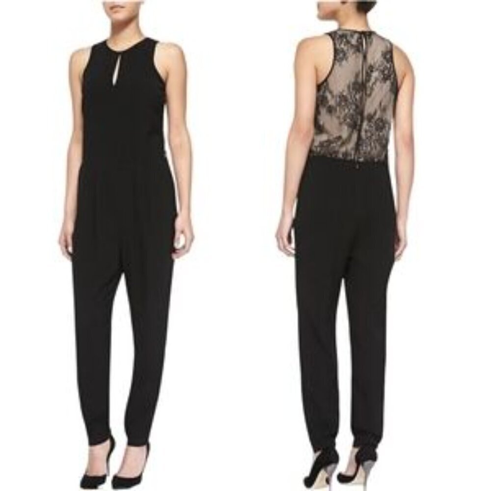 Tibi Arden jumpsuit black lace keyhole pleated pockets crepe nude women 2